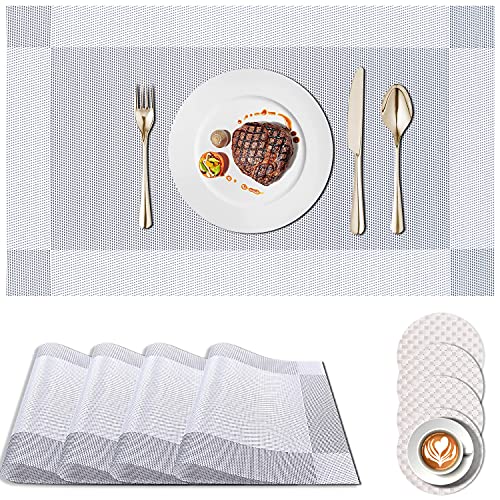 Juego de 8 manteles individuales de PVC, 4 manteles individuales y 4 posavasos redondos, lavables al agua, resistentes al calor, no resbaladizos (gris)