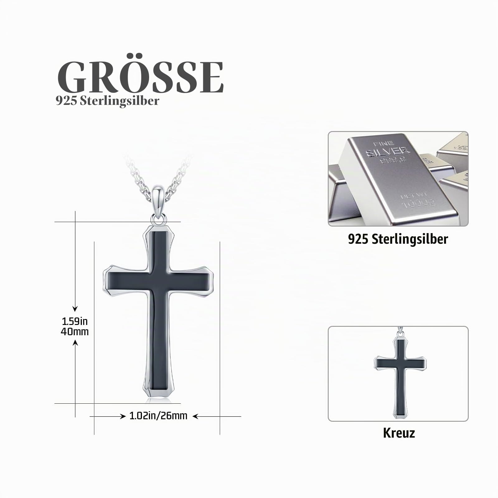 KQ&TTENG Holz Kreuz Halskette für Herren Walnuss Schwarz Hypoallergen Jesus 925er Sterling Silber Religiöser Anhänger Schmuck für Herren und Damen