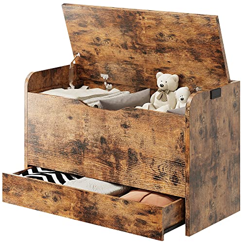 Image of IRONCK Storage Bench with Drawer, Wooden Toy Box Organizer, Sturdy Storage Chest with Safety Hinges and Lift Top, Large Storage for Bedroom Entryway Living Room, Vintage Brown