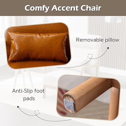 Miniatura 4 de INZOY Mid Century Modern Accent Chair with High Back, PU Leather Reading Armchair with Waist Cushion, Upholstered Wood Frame Living Room Chairs for