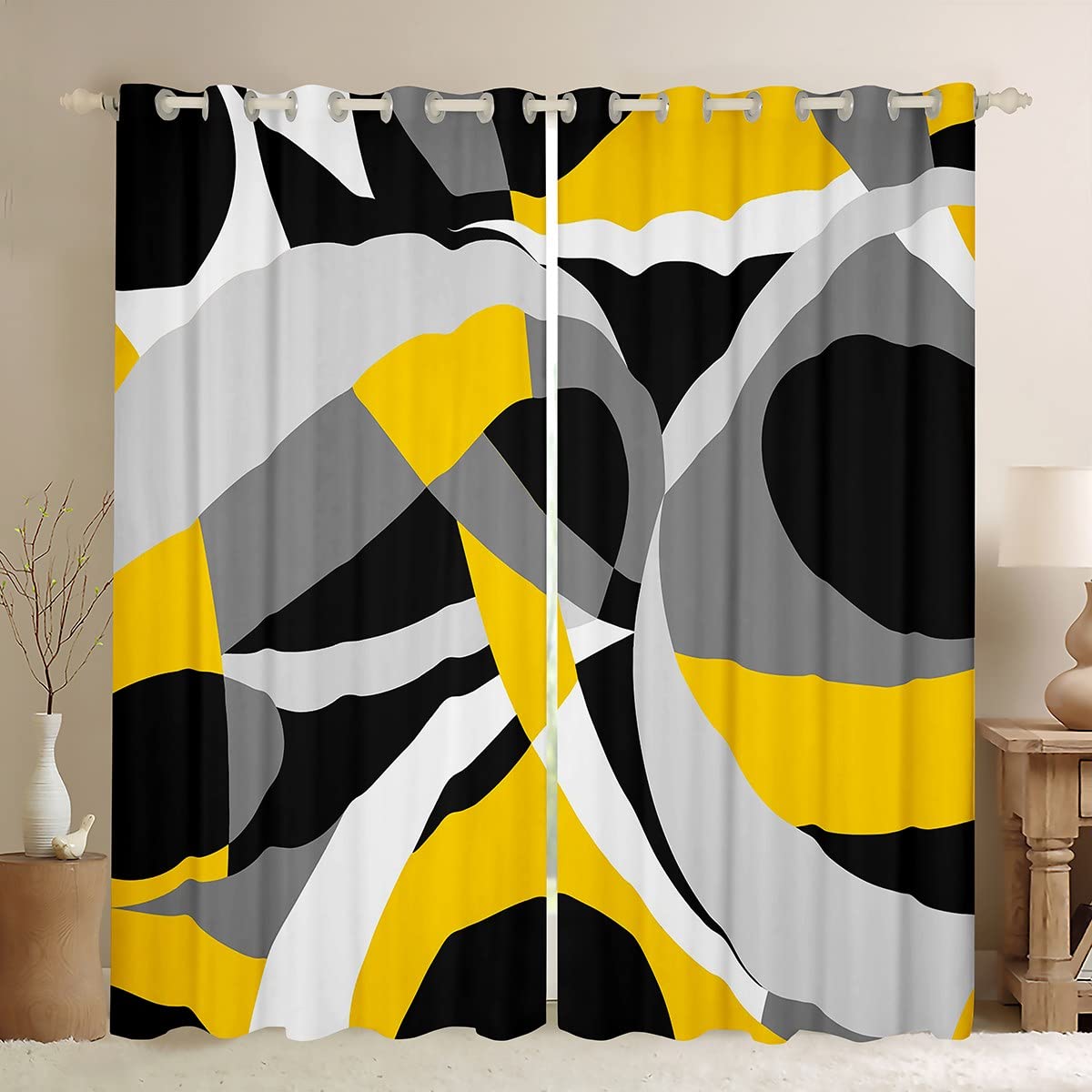 Homemissing Boys Multicolored 13235 Yellow Geometric Darkening Dreapes Yellow Grey And Black Window Curtains Geometric Stripe Swirl Lines Blackout Curtains Swirl Modern Luxury Window Treatments W52*L63