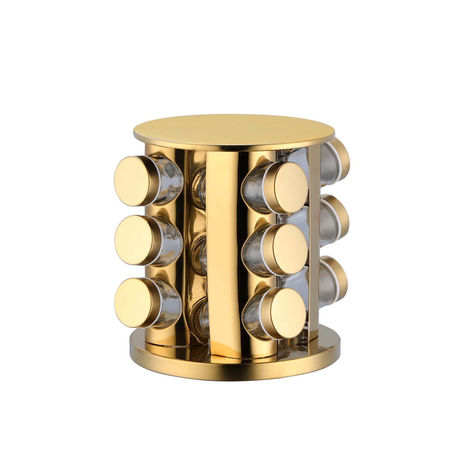 Dan Dan Gold 12-Jar Rotating Spice Rack Organizer, Spice Tower For Countertop: Stainless Steel + Lead-Free Glass For A Tidy, Efficient, And Reusable Kitchen! (Gold)