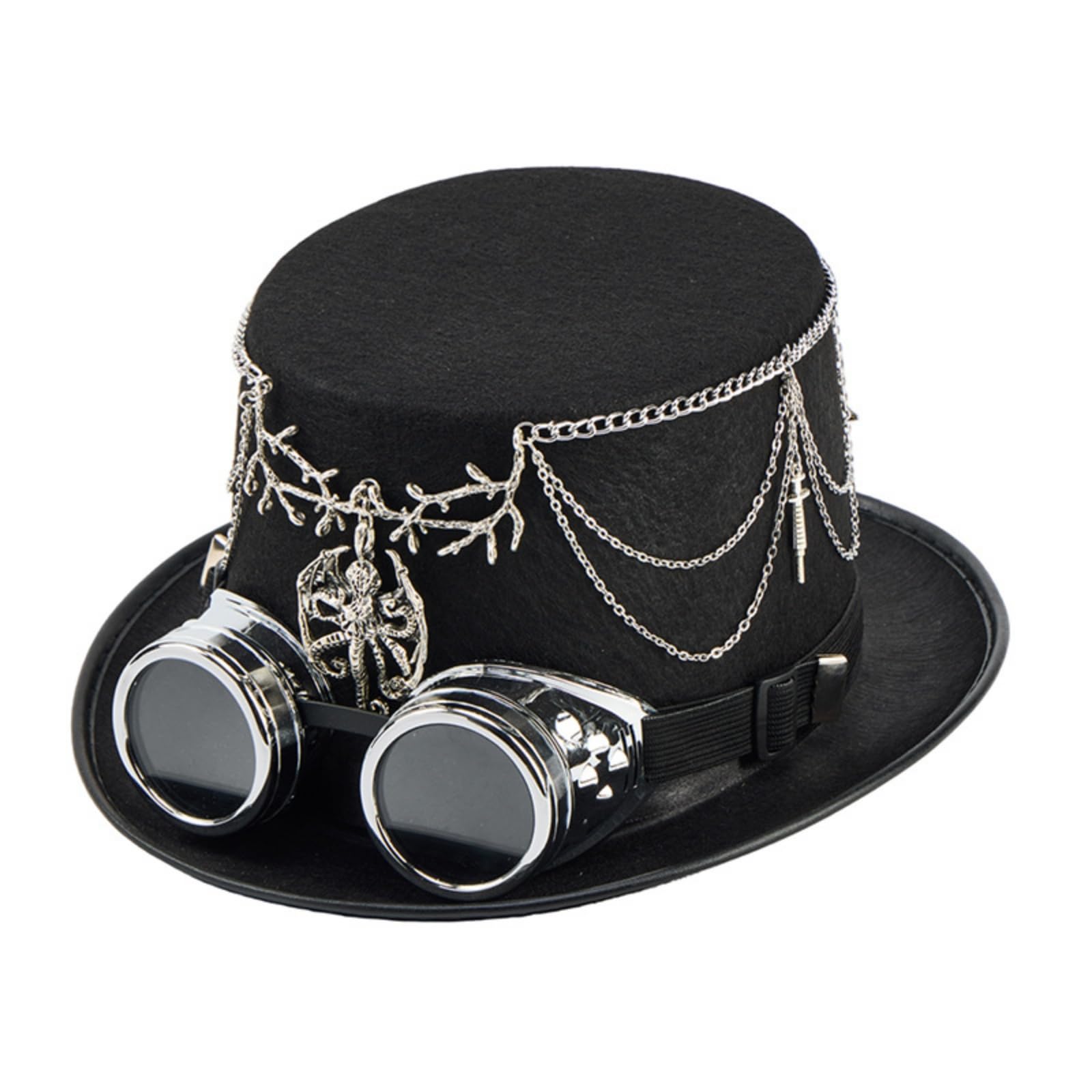 Steampunk Hat Cappello Cilindro Elegante Cappello Ampia Cappello con Occhiali Tondi Cappello Gotico in Lana E Feltro con Catene Argentate E Dettagli a