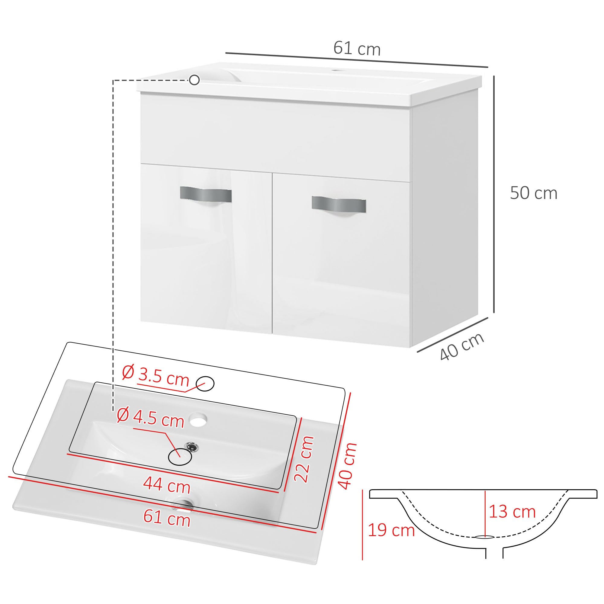 kleankin Mobile Bagno Sospeso con Lavabo, Mobile a 2 Ante con Lavandino e Cerniere Ammortizzate, 61x40x50cm, Bianco Lucido