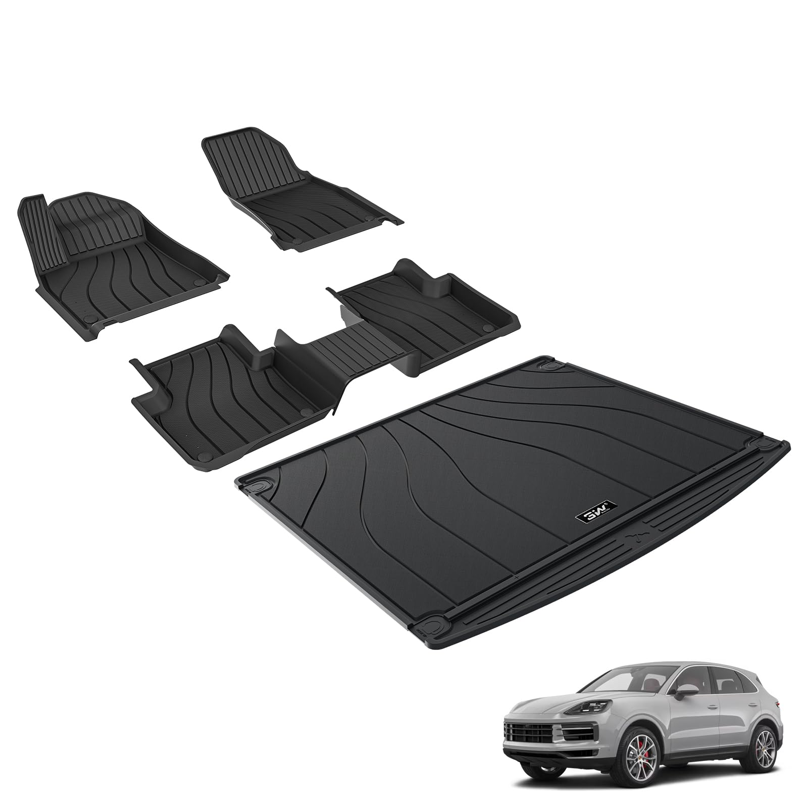 3W Floor mats &Cargo Liner for Porsche Cayenne 2019-2024 2025, TPE All Weather Custom Fit Floor Liner for Porsche Cayenne Full Set Car Mats, Black