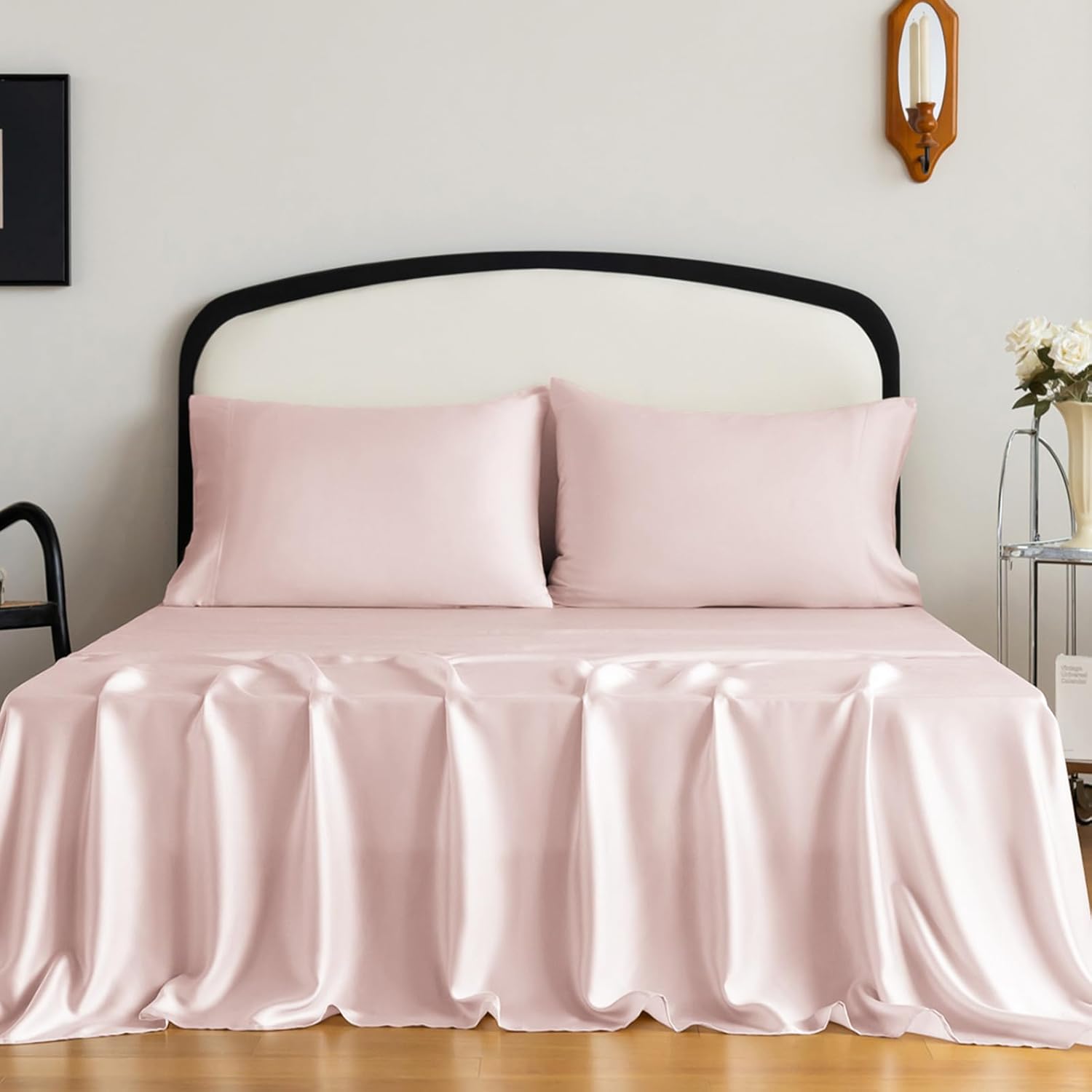 King Size Tencel Lyocell Cooling Sheets, Silky Soft Sheet Set with 16 Inch Deep Pocket, Breathable Eucalyptus Bedding for Hot Sleepers, Marshmallow Pink