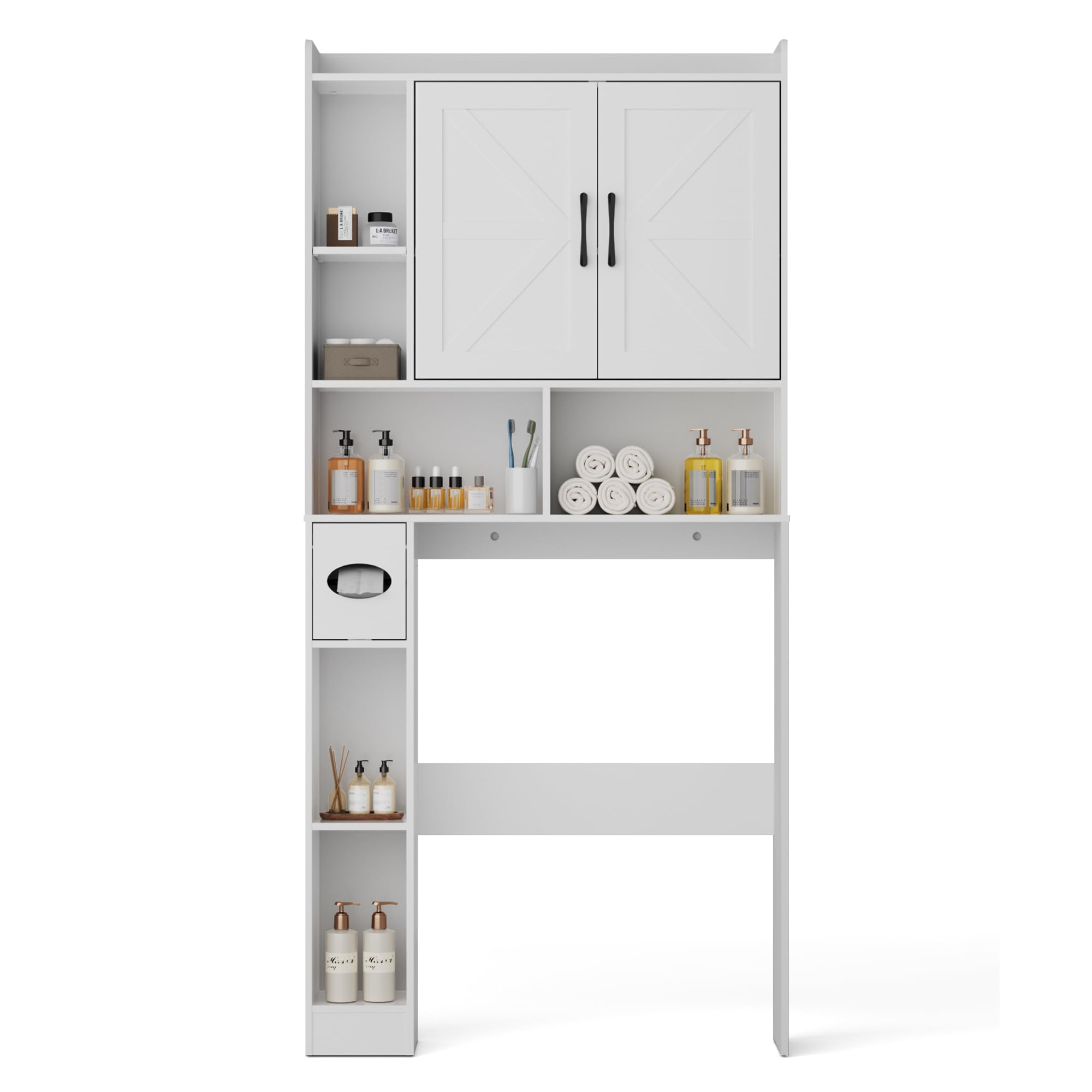 BonVache Waschmaschinenschrank mit 2 Türen, Verstellbare Ablagen, Waschmaschinenregal mit Seitenfach für Papierhandtuch und 6 offene Fächer, für Badezimmer, Toilette und Waschküche, Weiß