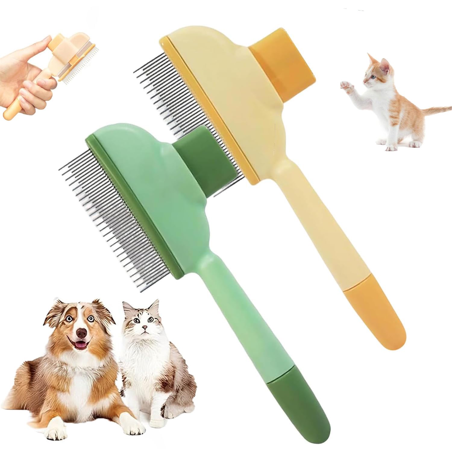 2 Cat Dog Flea Peigl, Peigne D'épilation Animaux Compagnie, Brosse de Toilettage avec Bouton Déverrouillage, Peigne Anti-Puces pour Chiens à Poils Courts Longs Nettoyage Poils Lâches Noués