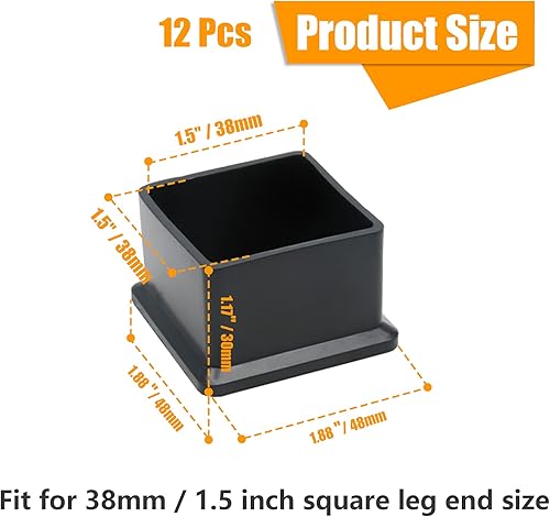 Miniatura 2 de Suiwotin 12 tapas cuadradas de goma para patas de silla, de 1-12 x 1-12 pulgadas, fundas de goma cuadradas negras para muebles, mesa, silla, patas