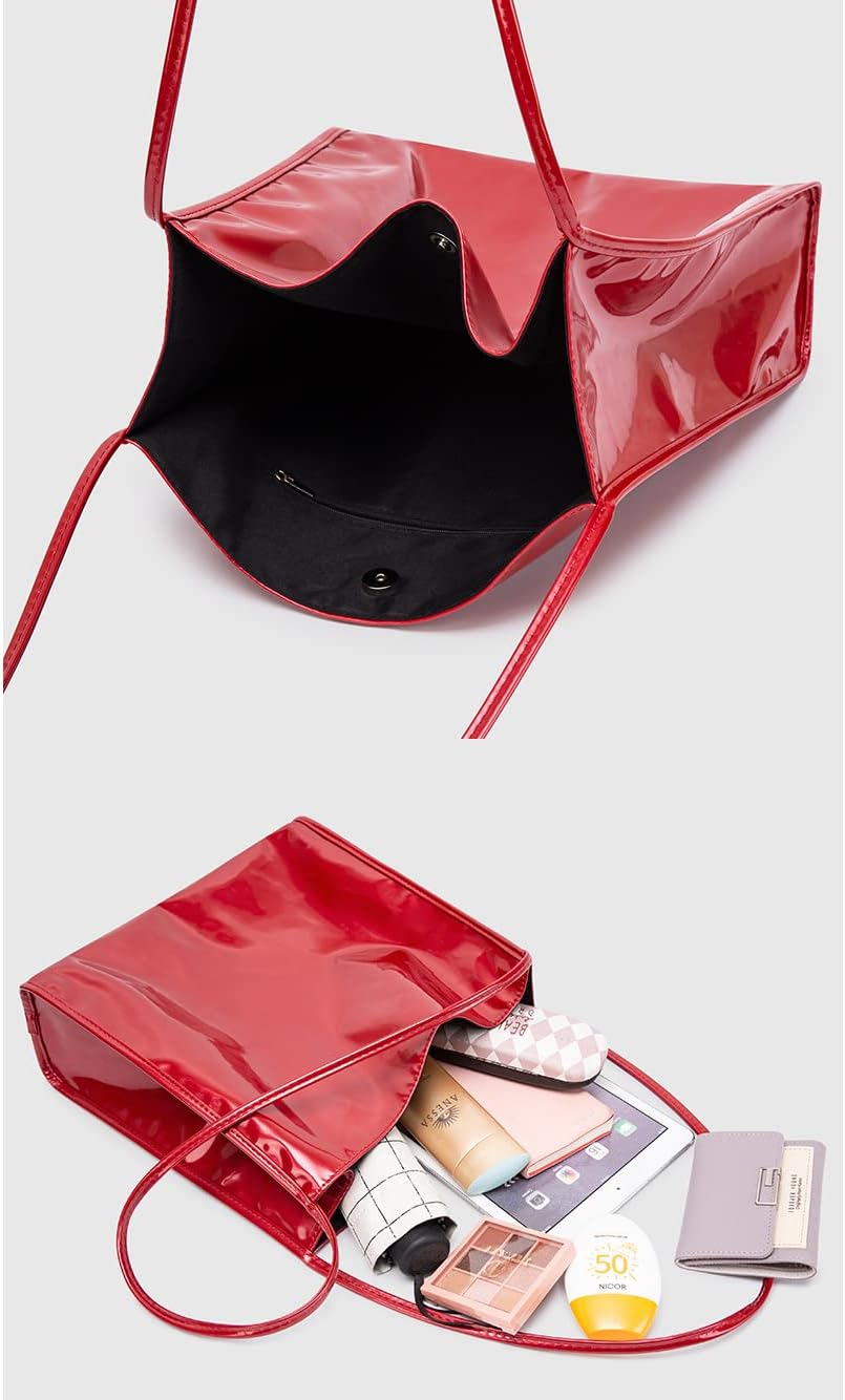 Ulisty Women Patent Leather Bag Soft Tote Bag Shiny Shoulder Bag Minimal Purse Fashion Handbag - Image 7
