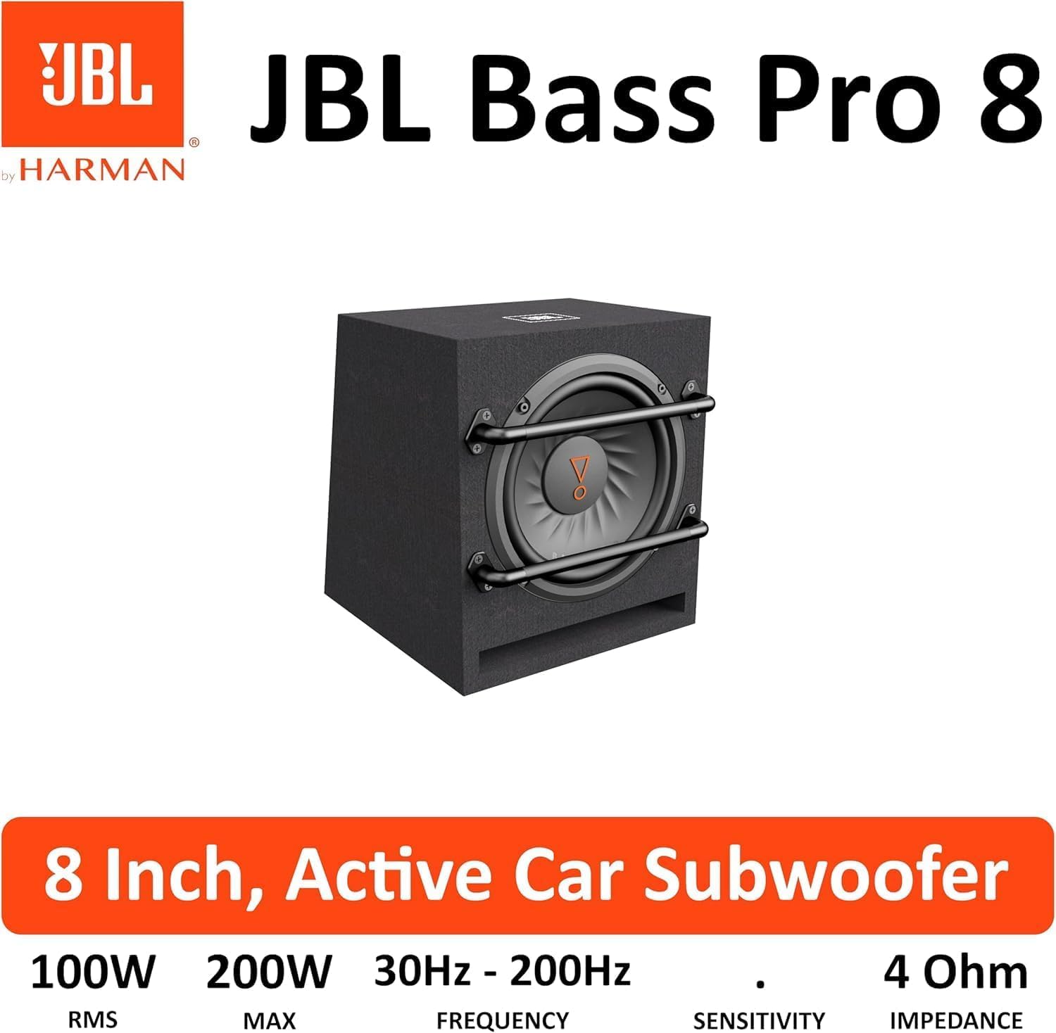 JBL BassPro 8 Caisson de Basse Voiture Actif - 800 Watt Harman Kardon Bassbox Subwoofer de 20 cm avec 100 Watt RMS Classe D Sub Amplificateur et Slot Port Bassreflex Boîtier, Black