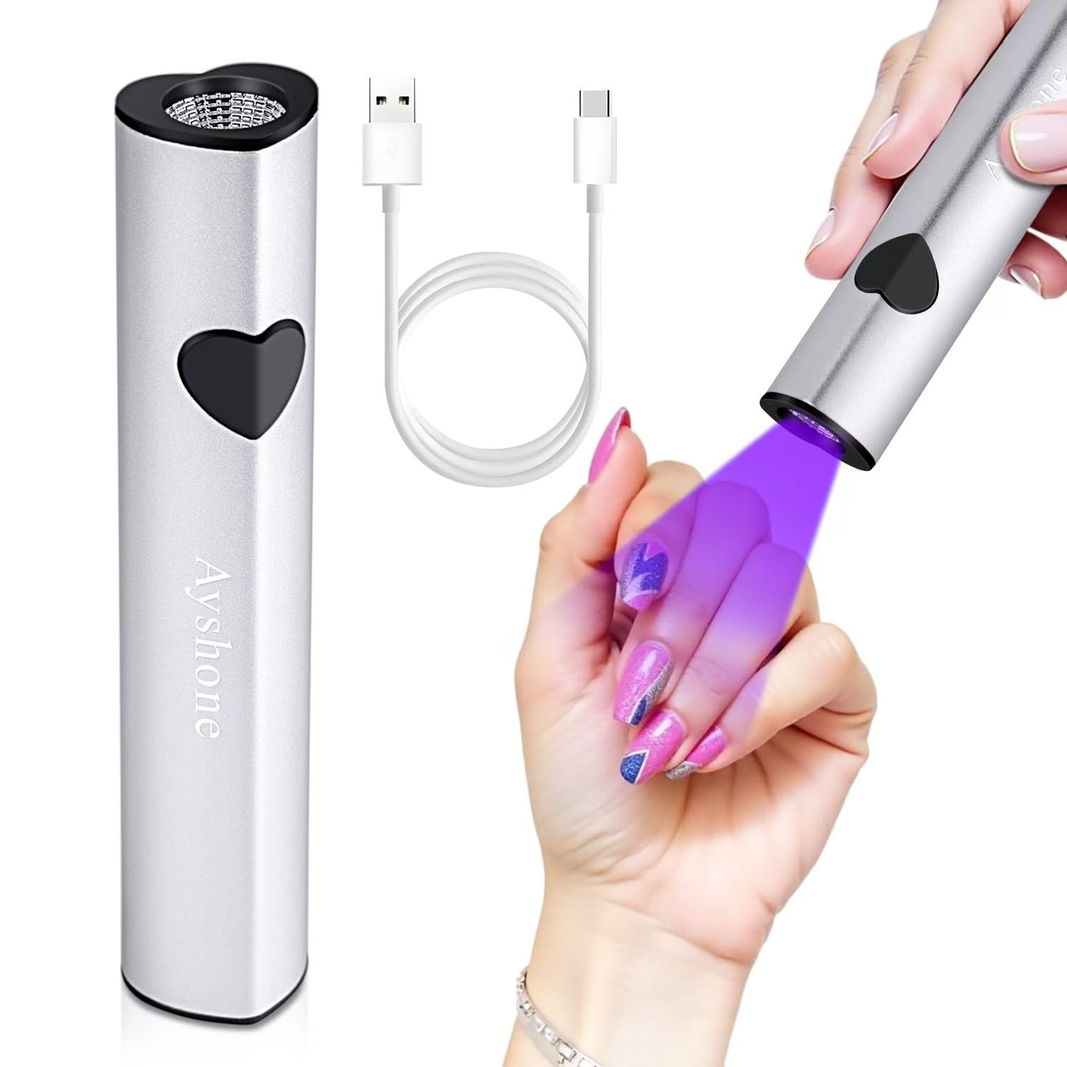 Ayshone Handheld UV Light for Gel Nails,Cordless UV LED Nail Lamp for Curing Gel Polish,Rechargeable 8X-Faster USB Nail Dryer for Fast Curing (Silver)