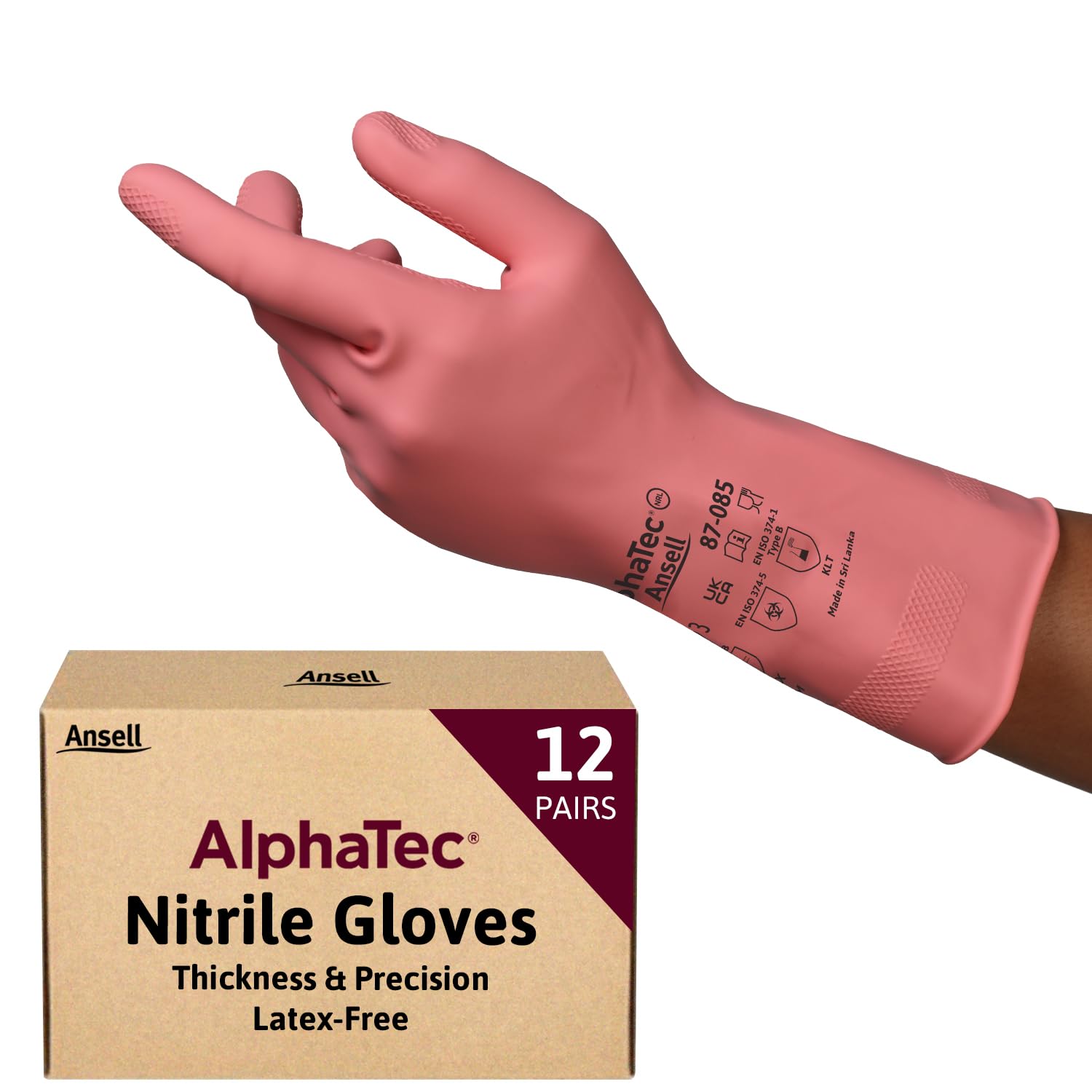 Ansell AlphaTec 87-085 Multipurpose Latex Gloves with Long Cuff, Chemical Protection and Food Safety, Reusable Kitchen Gloves, Household Cleaning and Dishwashing, Pink, Size XL (12 Pairs)