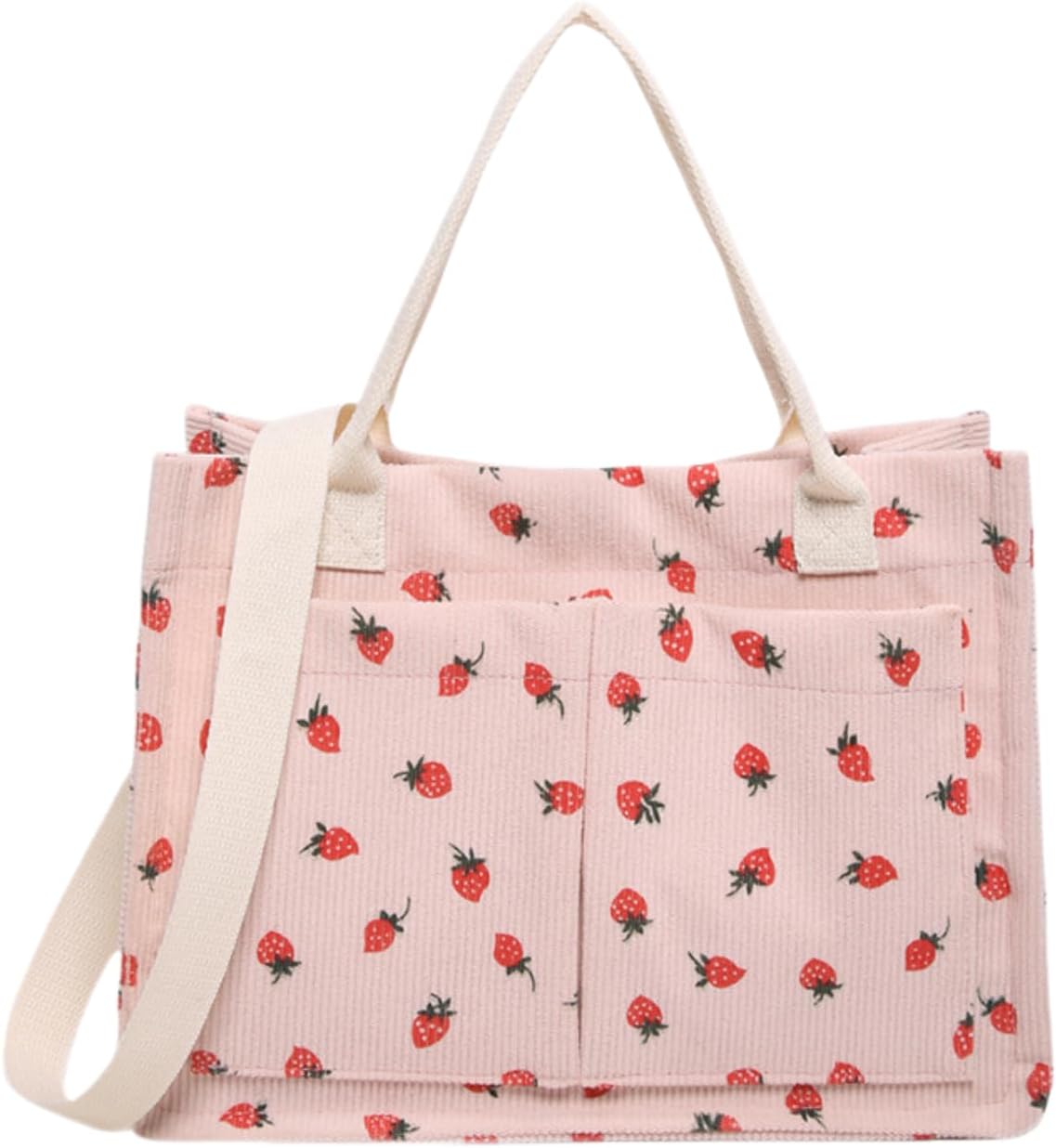 Strawberry Tote Bag for Women with Pockets Corduroy Crossbody Shoulder Handbags Purse for Work