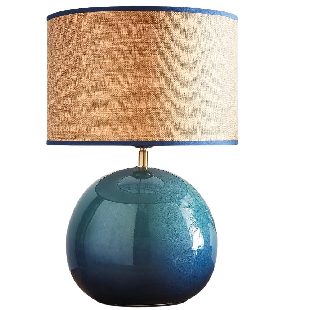 Britalia Blue Glossy Ceramic Table Lamp With Linen Drum Shade, 44Cm X 30Cm, 2.4Kg