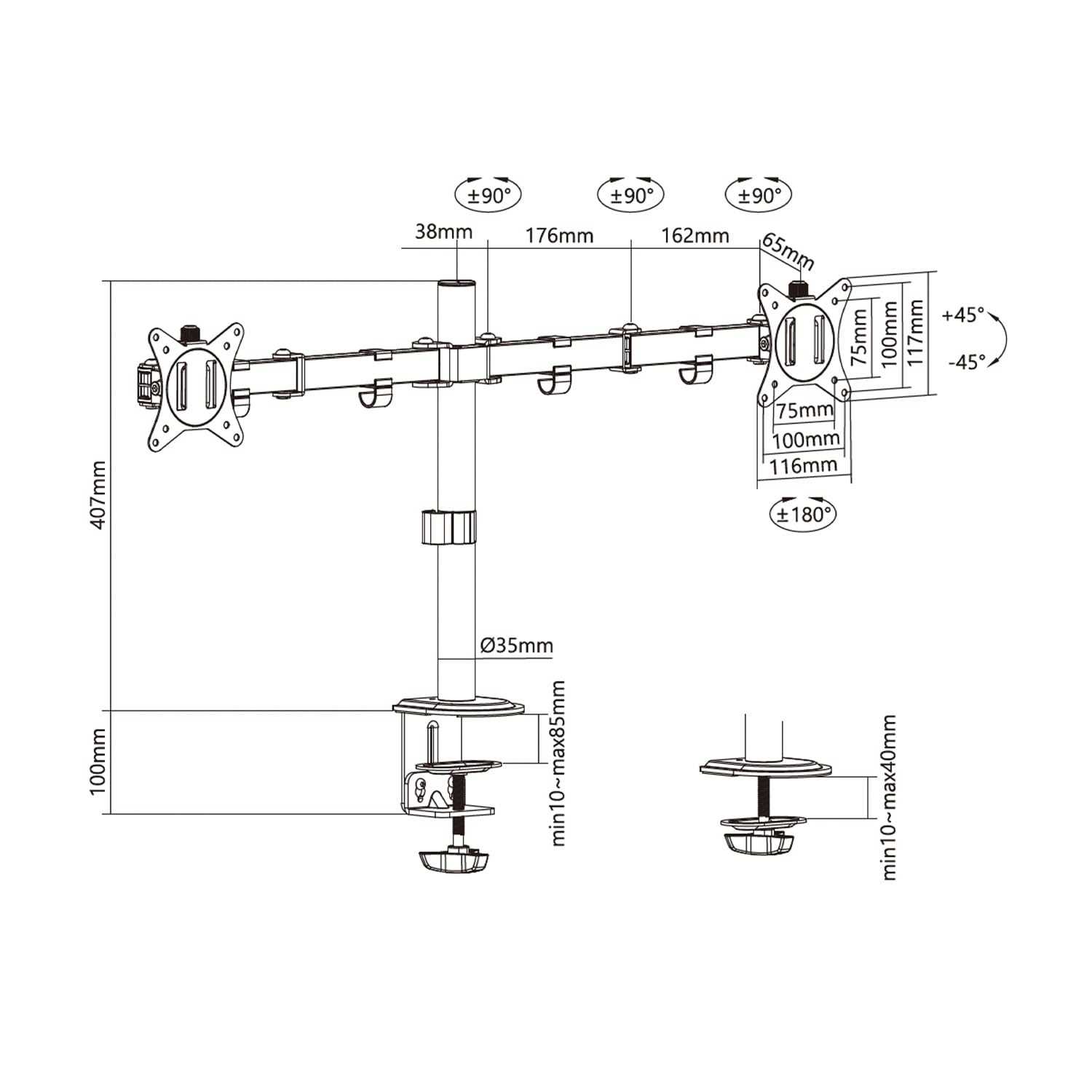 AISENS DT27TSR 281 Eco Tafelhouder, Draaibaar En Kantelbaar, Voor 3 Monitoren Met 10 Kg 3 Scharnieren 2 Armen Van 13 27 Zwart 1250459770