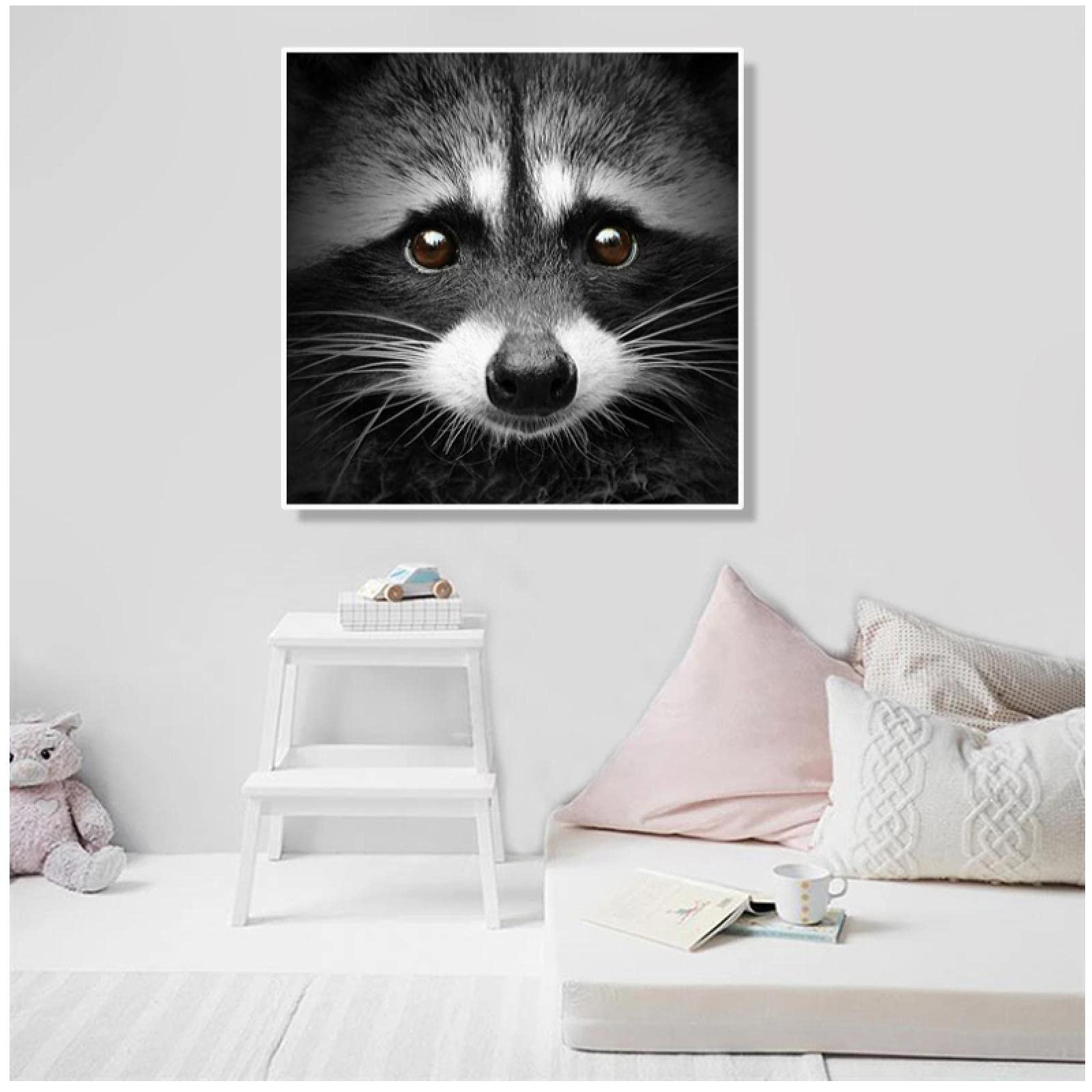 Amazon.co.jp: 現代の黒と白のアライグマのキャンバスの絵画動物の
