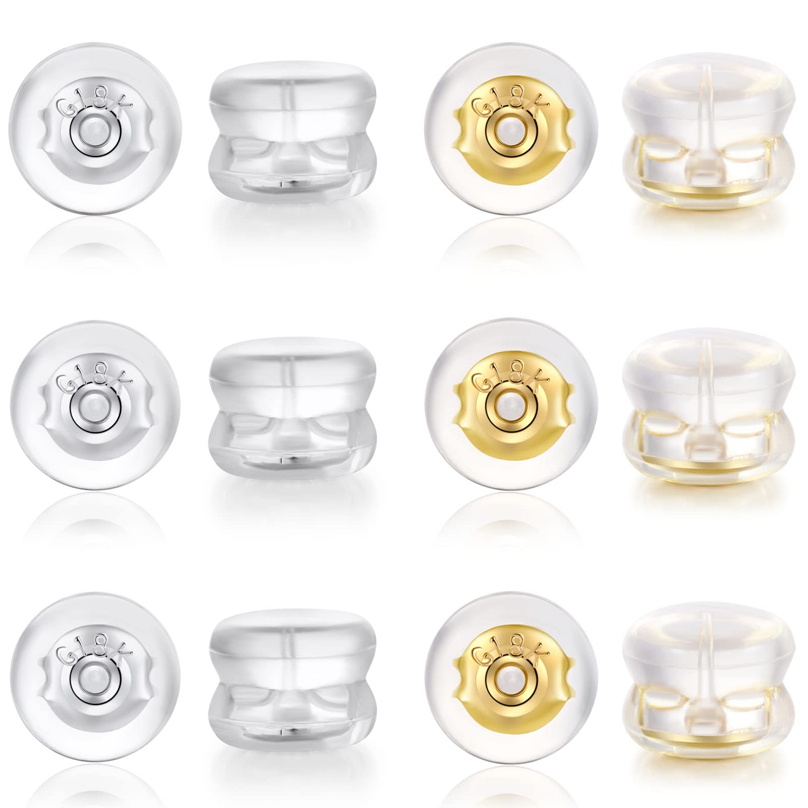 12PCS 18K Earring Backs for Studs, Silicone Earring Backs Replacements for Studs Earrings, Non-Irritating Hypoallergenic Rubber(White+Gold)