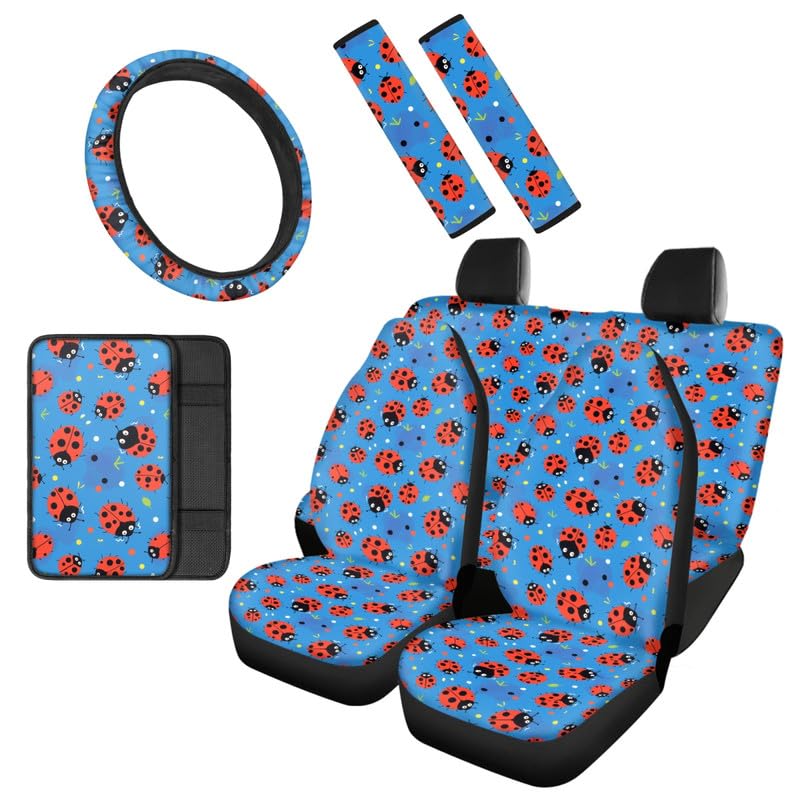 Semiouray Cute Red Ladybug Waterproof Seat Protectors with Cartoon Ladybugs Pattern Split Bench Seat Covers for Cars Car Seat Covers Full Set Steering
