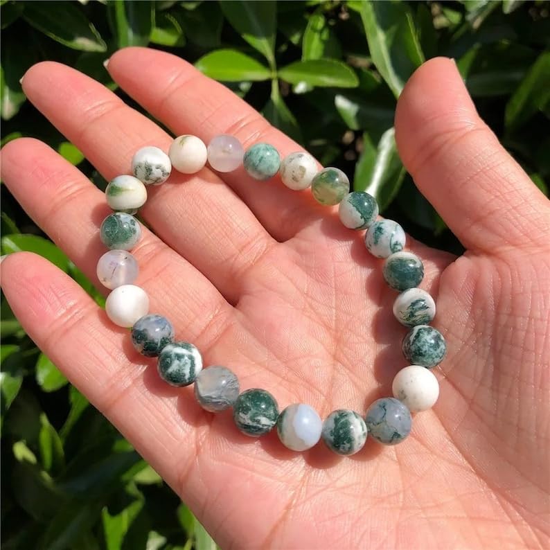 LKBEADS Naturalne naturalne zielone drzewo agate 12 mm rondelle smooth 7 cali półprecyzyjne koraliki bransoletka z koralikami dla mężczyzn i kobiet, uzdrawiająca, kryształowa, rozciągliwa, bransoletka