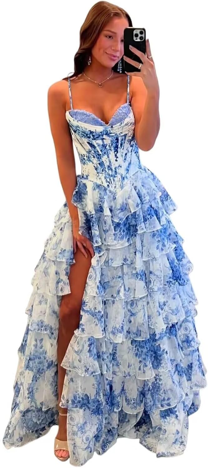 Spaghetti Straps Prom Dresses for Women Corset Tiered Ruffle Floral Chiffon V Neck Formal Evening Party Gowns with Slit