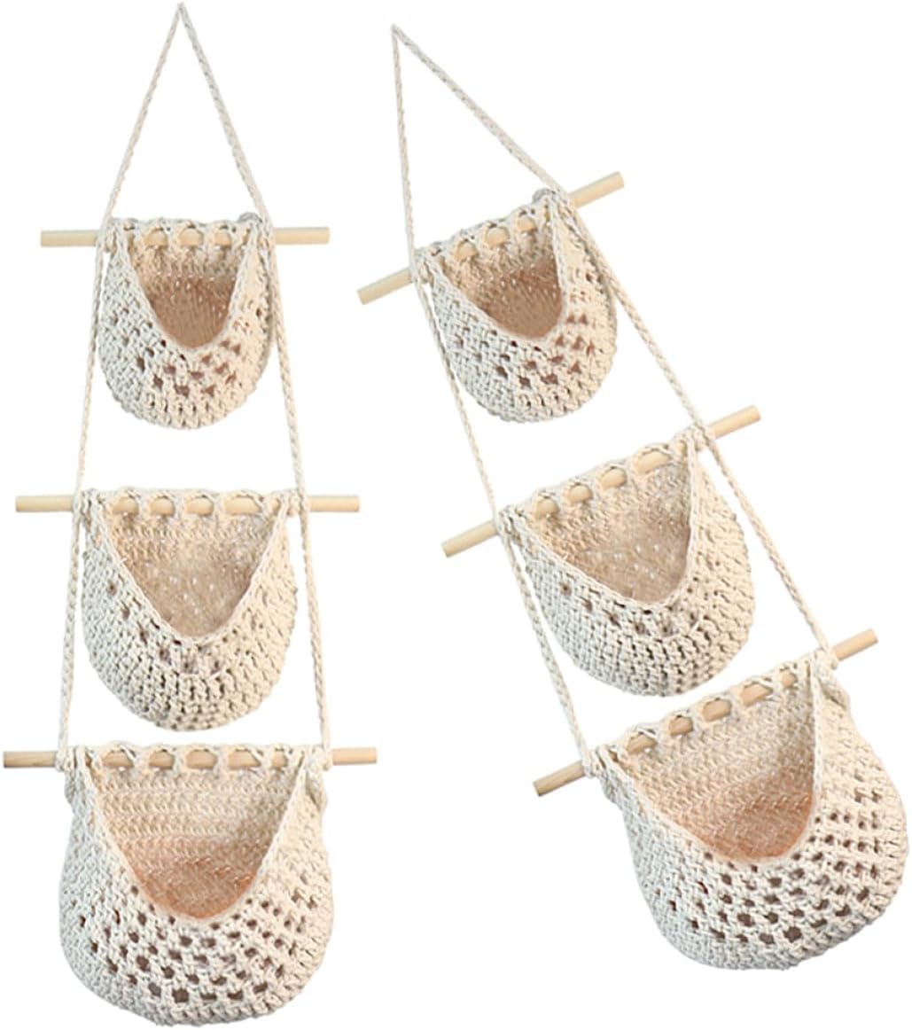 BESPORTBLE 3-tier Hanging Fruit and Vegetable Basket, Hand-made White Cotton Rope Woven Kitchen Storage Organizer, 2pcs Wall-mounted Mesh Holder for Counter and Pantry