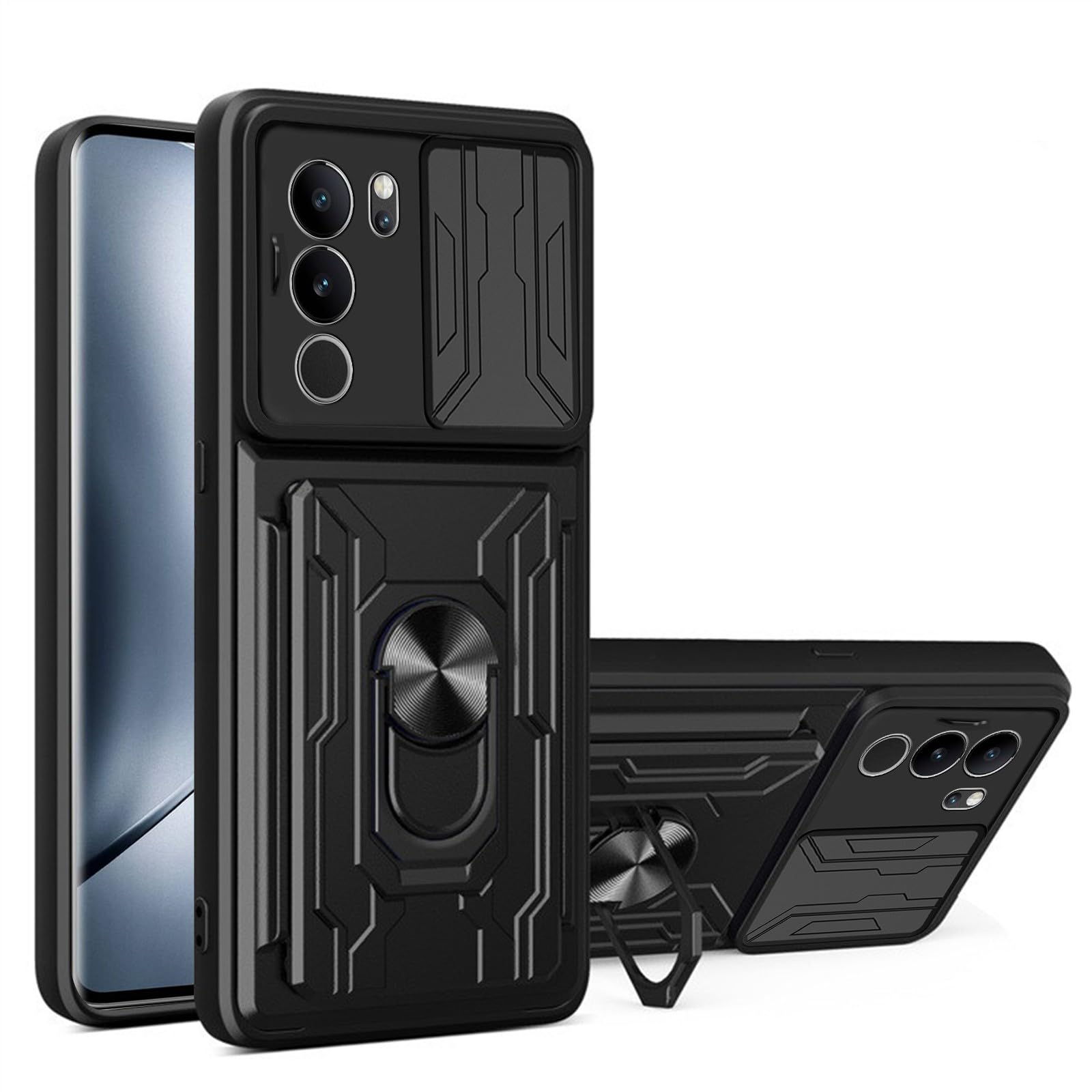 Custodia Per VIVO V29 5G Con Sportellino Scorrevole A Protezione Fotocamera, Supporto Girevole E Slot Portatessere, Paraurti In TPU E Dorso Rigido, Magnetica, Nero