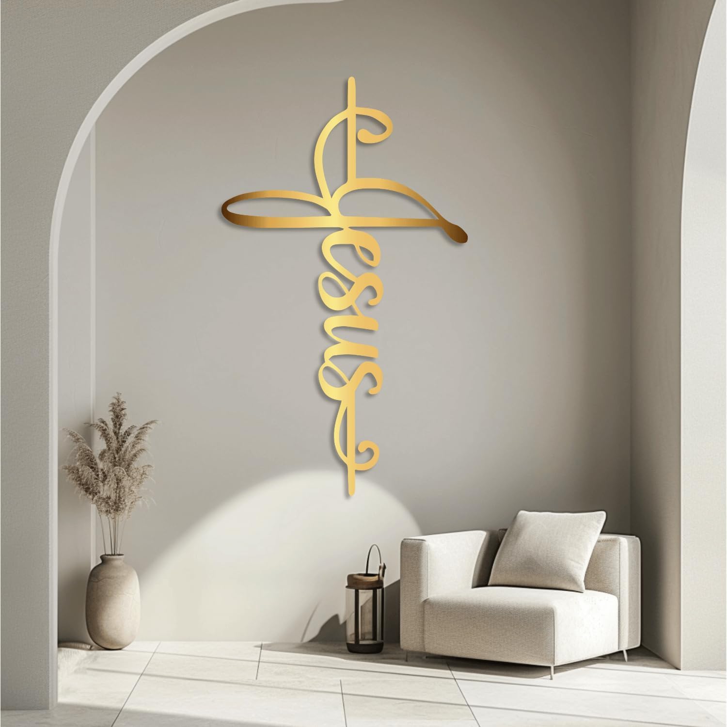XXQ Letrero de pared de Jesús, cruz de metal, decoración espiritual de metal grande para el hogar, cruz colgante religiosa, decoración de pared de metal para sala de estar y dormitorio (plata, 51 x 76