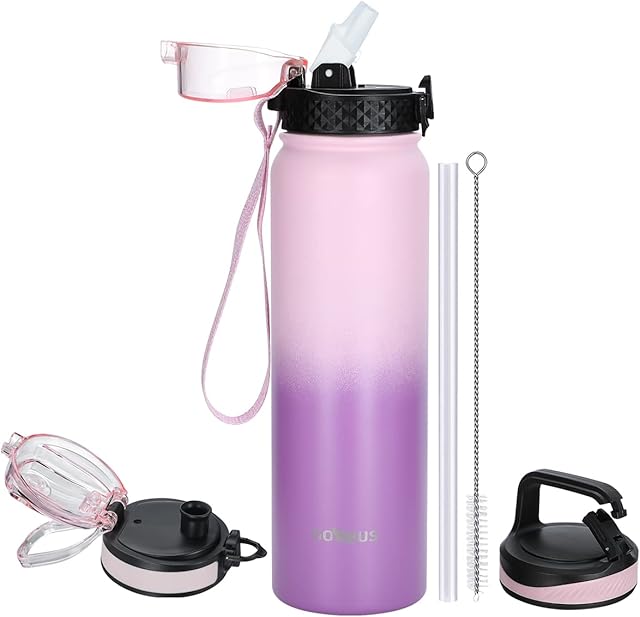 GOPPUS Stainless Steel Water Bottle 1L Vacuum Insulated Metal Water Bottle with Straw Lid,Chug Lid,Carabiner Lid&Filter BPA Free Flask Keeps Hot and Cold for Work, Gym(Pink-Purple)