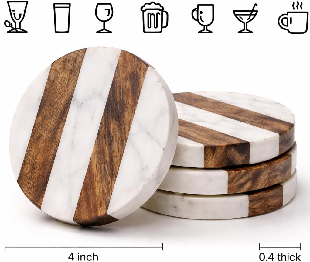 Condition photo showing New/Like New for luxurious atelier marble and wood set of 4 coasters, 4 x 4 inches for drinks, hot/cold,coffee mugs, beer cans,bar glasses. tea table/bar coasters