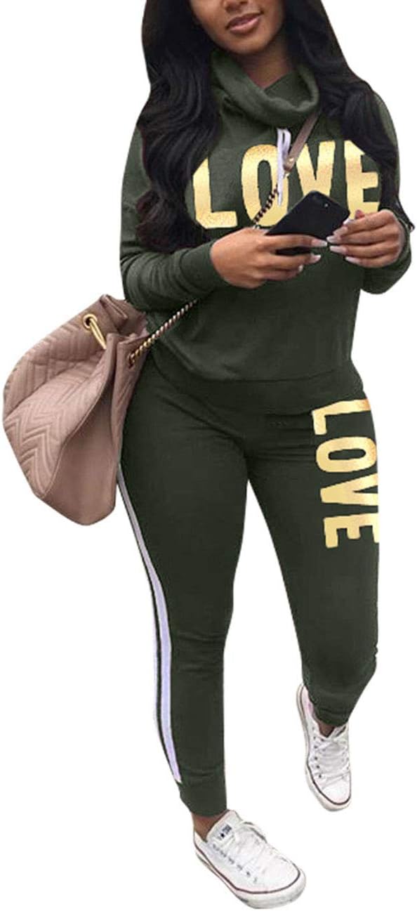 Angsuttc Women's Letter Print 2 Piece Outfits Cowl Neck Long Sleeve Sweatshirt and Pants Set Tracksuit