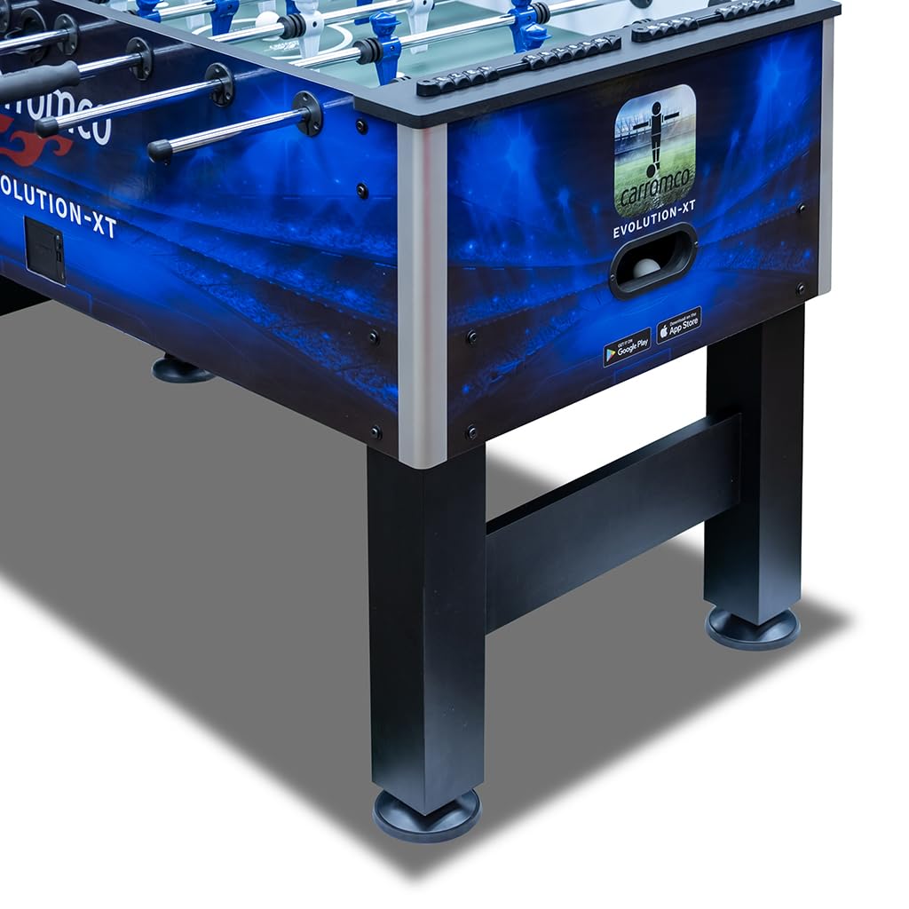 Carromco Kickertisch Evolution-XT | Profi Tischkicker mit App-Funktion | PROFI-TISCHFUSSBALL: Blauer Kicker (60kg) für Fortgeschrittene. Inkl. Tablet-Halter, interaktiver App & 2 Kickerbällen