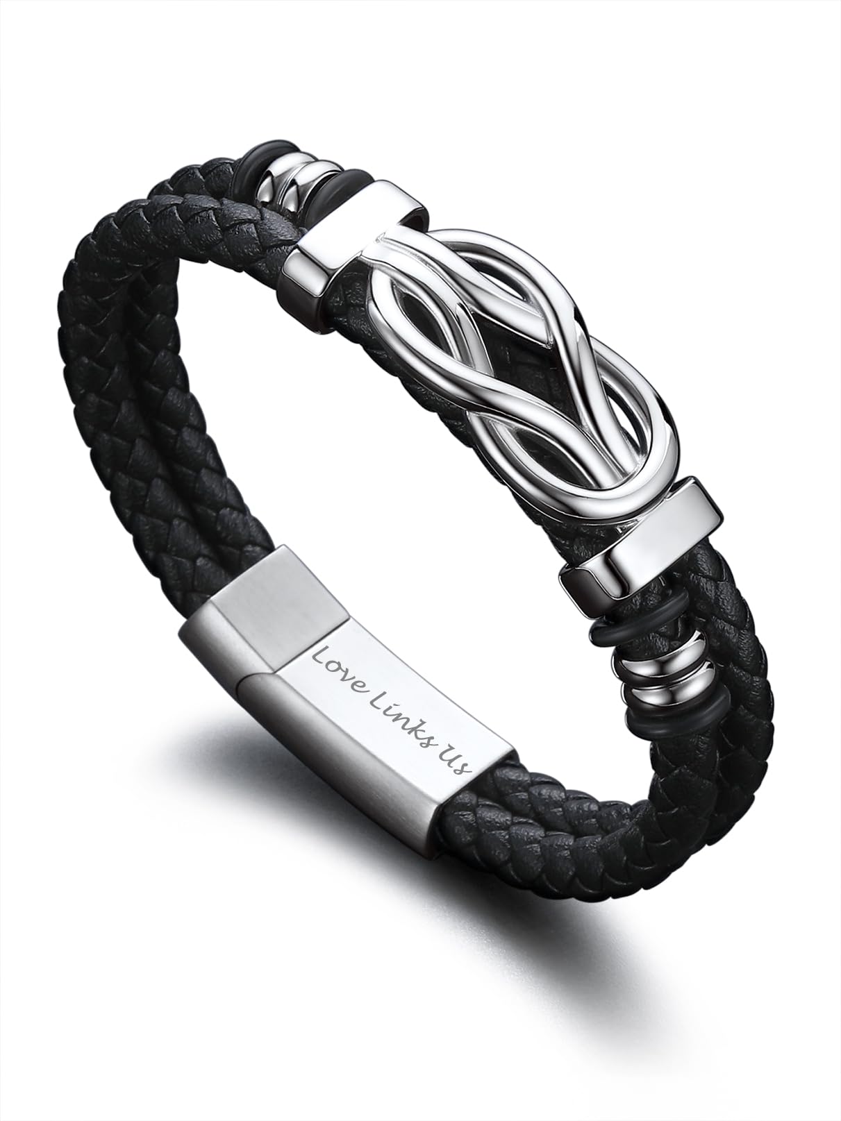 Bandmax Infinity Love Knot Bracelet for Men Black Leather Love Link Cuff Bracelet Mens Gifts for Father's Day Birthday Anniversary Christmas