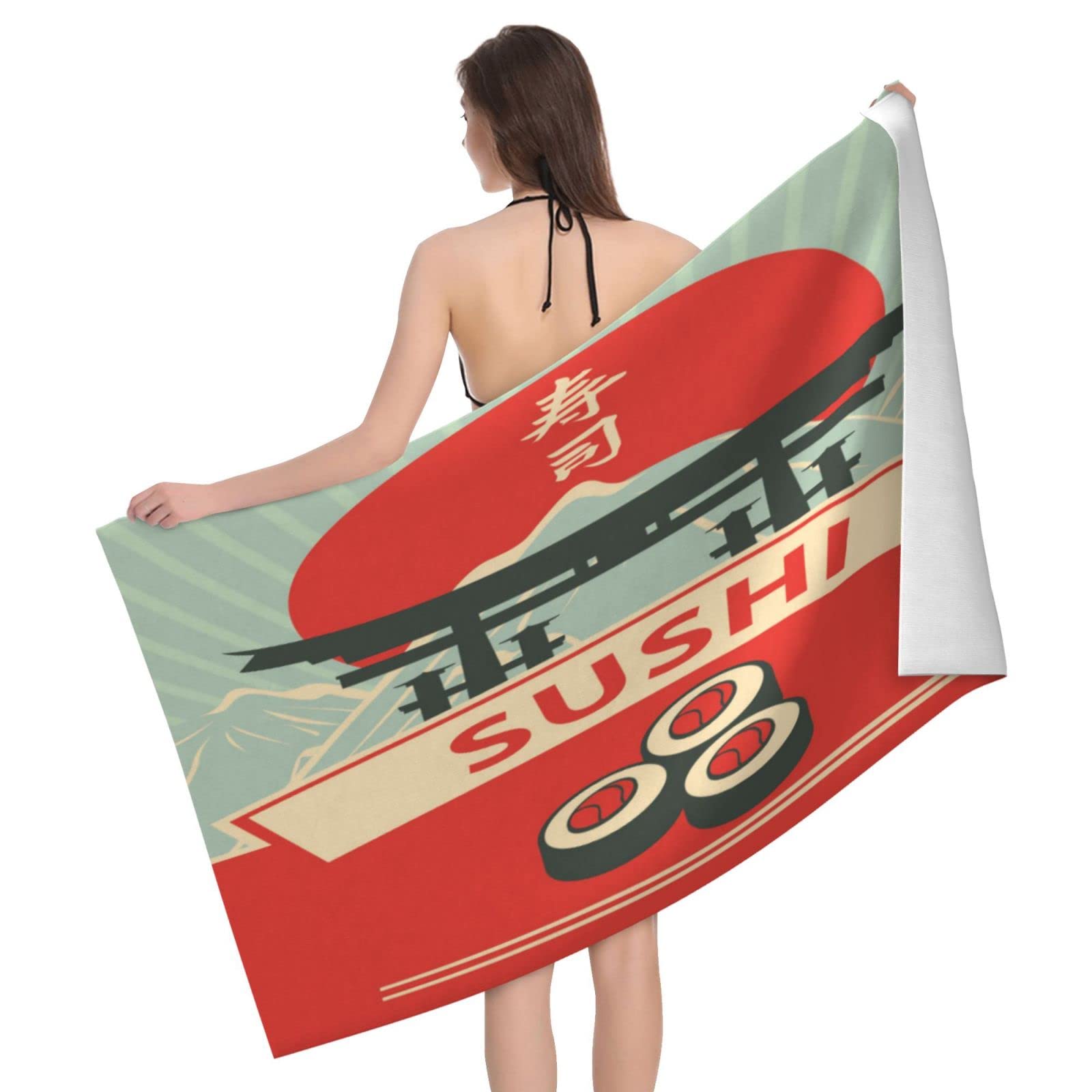 Lawenp Popular Japanese Sushi Beach Towel, Lightweight Sand Free Quick Dry Microfiber Absorbent Bath Towel for Kids, Adults, Swimming, Bath, Yoga, Pool, Travel, Camping 32"X52"