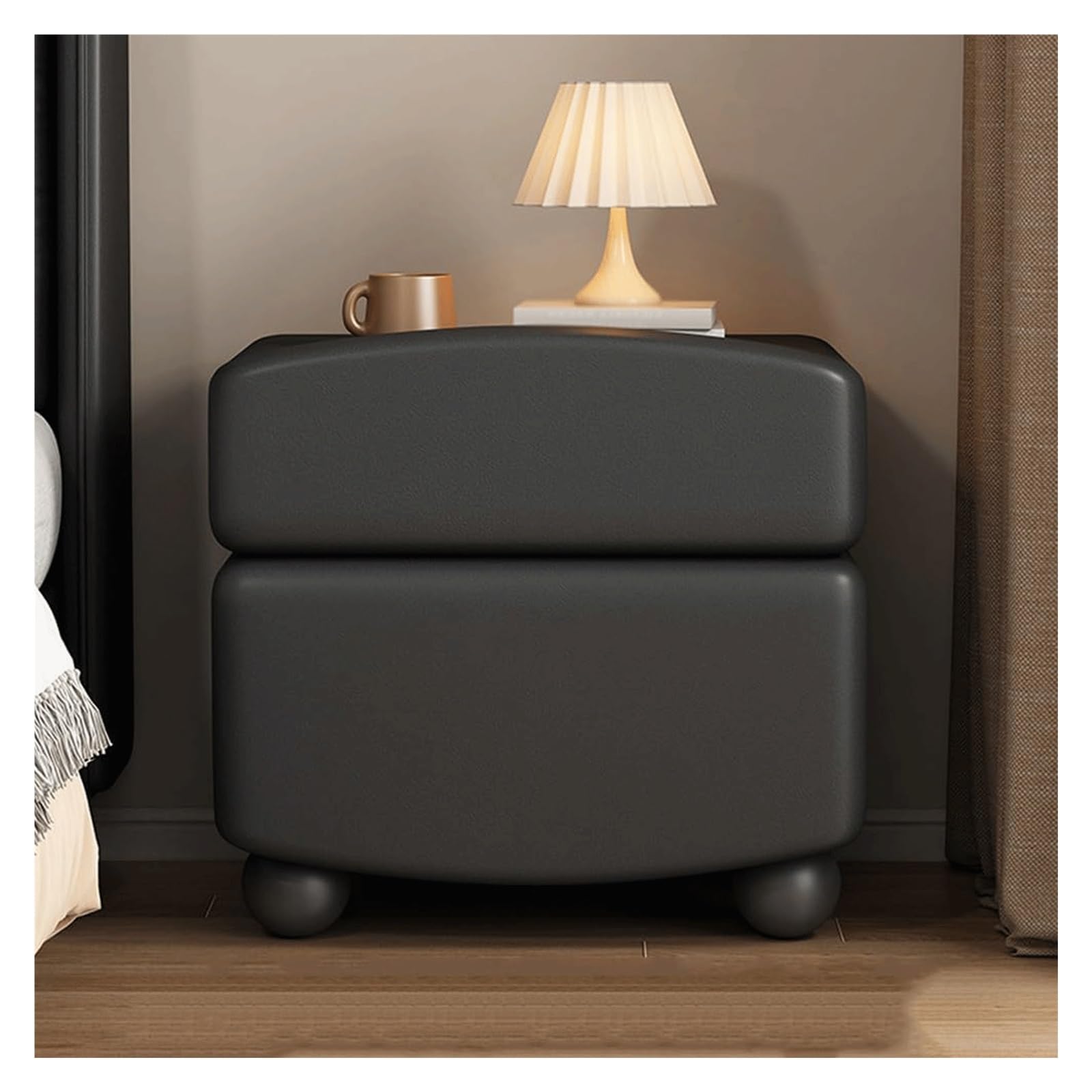 SXZenSpace Lightweight Nightstands Solid Wood Bedside Cabinet with 2 Drawers,Bedside Table Small Leather Side Borderless Handle End Table(Black,40cm/15.7in)