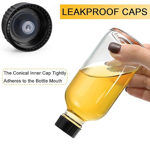 Miniatura 3 de Bekith 24 Pack Clear Boston Round with Black Poly Cone Cap, 4 oz Clear Glass Bottles Sample Bottles for Juice, Ginger Shots, Oils, Whiskey, Liquids