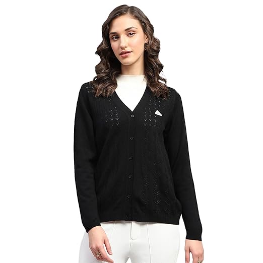 Buy Monte Carlo Womens Self Design Black V Neck Full Sleeve Cardigan