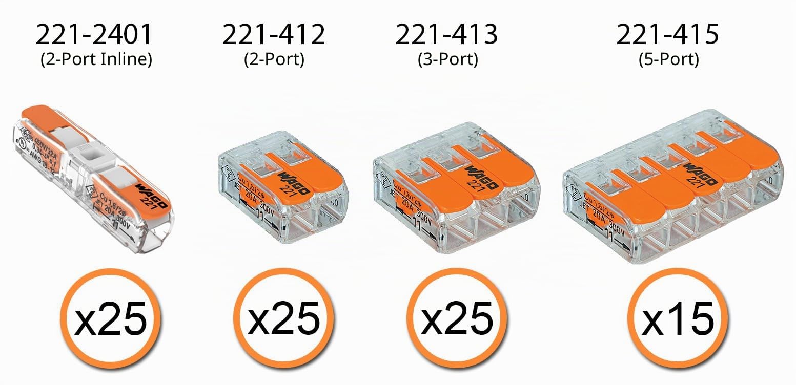WAGO 221 Hebelmuttern 90-teiliges kompaktes Spleißdrahtverbinder Sortiment mit Koffer Inklusive (25x) 221-2401, (25x) 221-412, (25x) 221-413, (15x) 221-415
