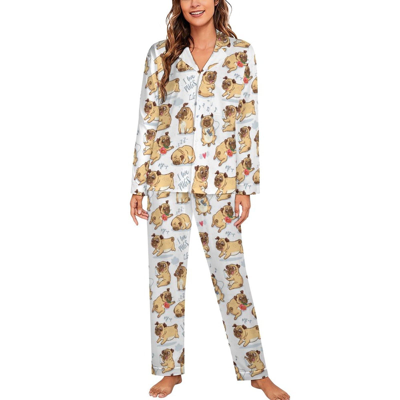 Cmagnifico Women's Pug Dog Sleepwear, Pyjama Sets, Long Sleeve Loungewear With Pockets