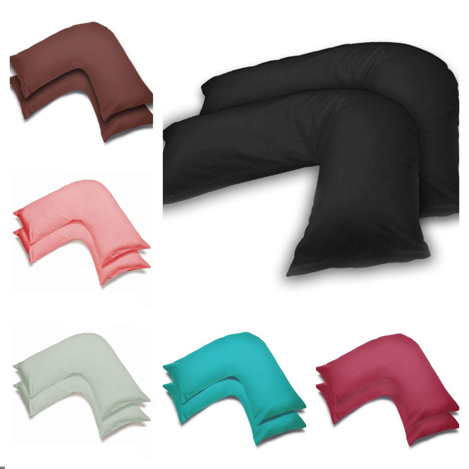 2 Pack Poly-Cotton Plain Dyed V Shaped Pillow Cases Covers - Orthopedic Pregnancy Maternity Back & Neck Support Nursing V Pillowcase Pair (Black)