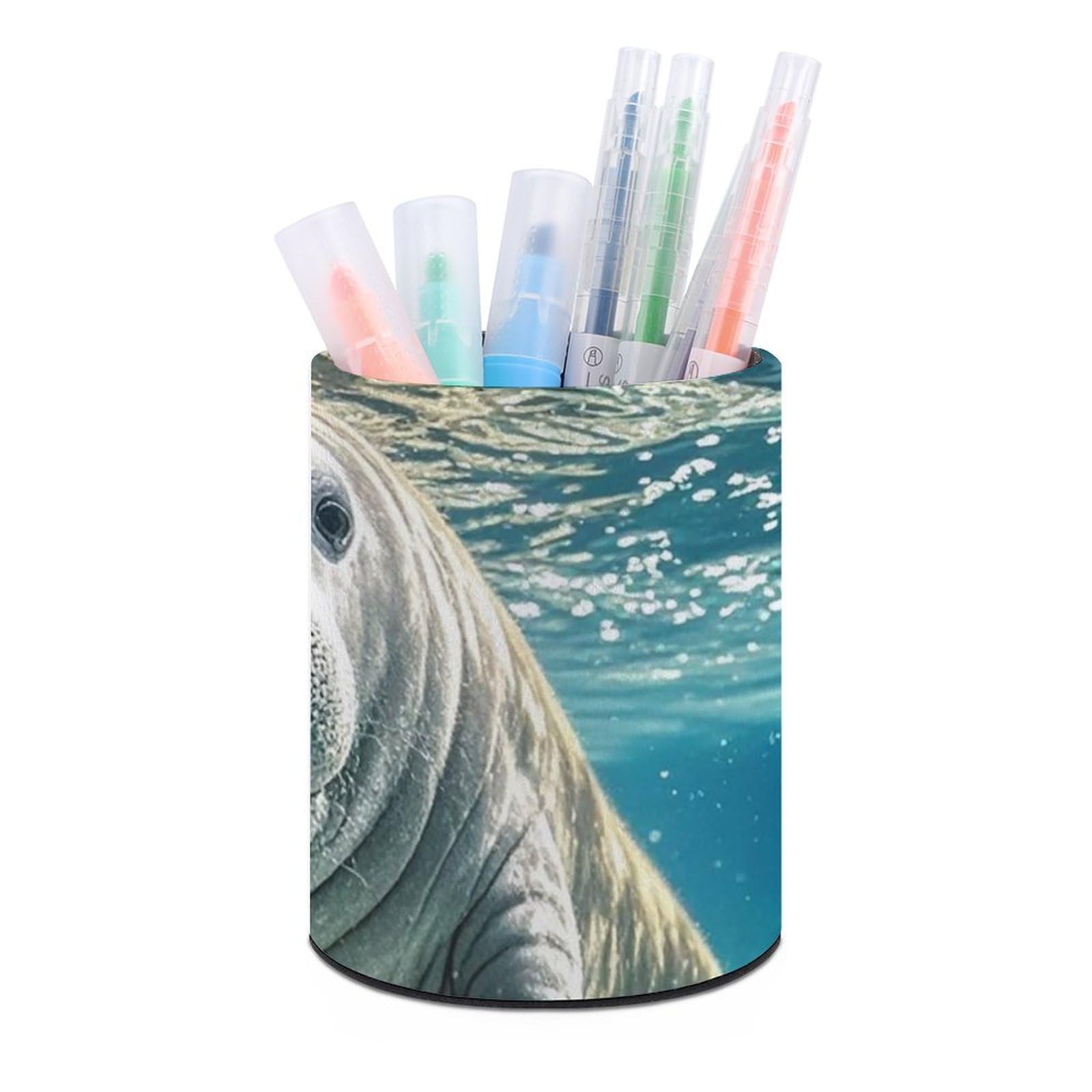 FekiLoot PU Leather Round Pen Holder Ocean Animal Manatee Pencil Holder Desk Organizer Pen Organizer Pen Cup Pencil Cup Caddy Desktop Stationery Organizers for Office Home Supplies