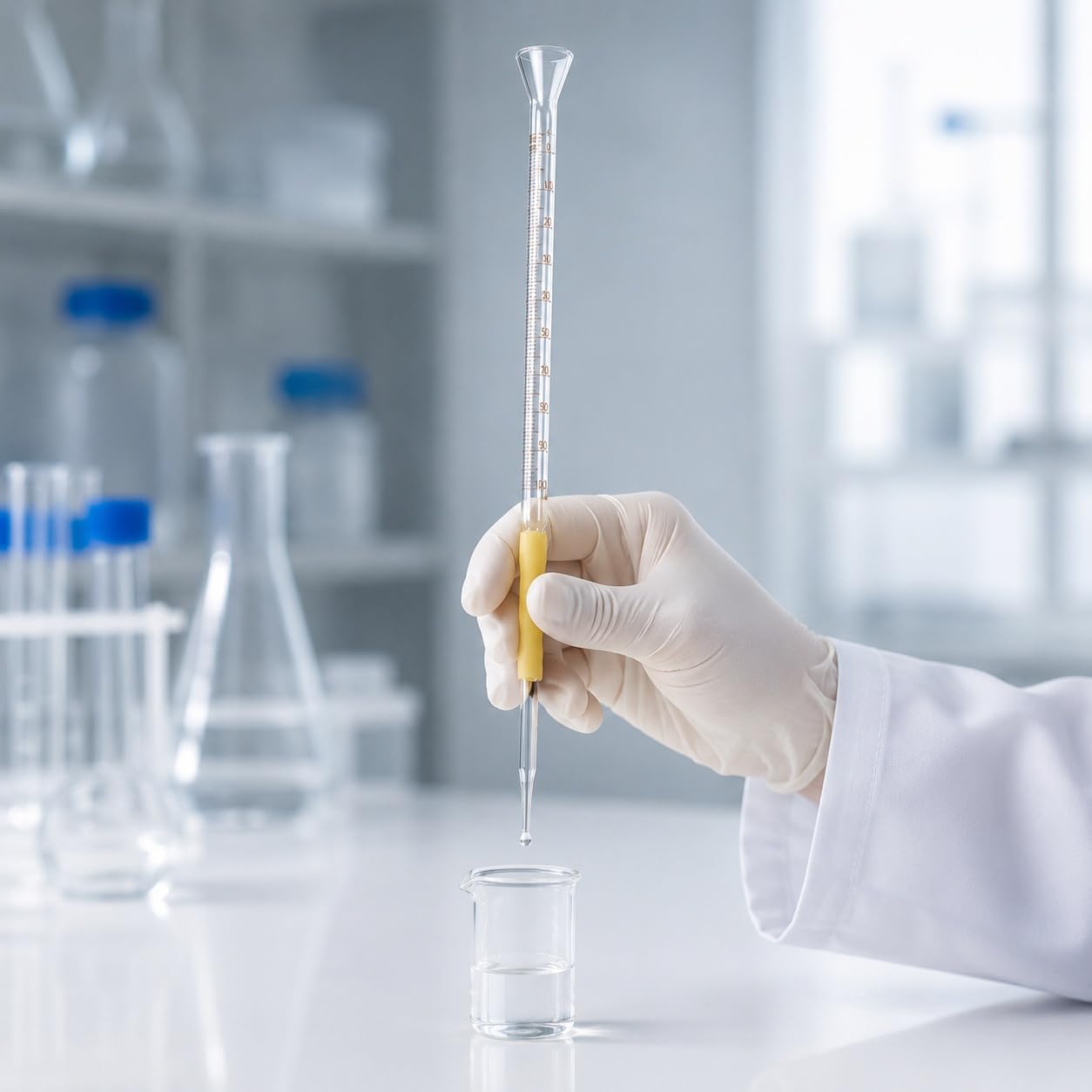Labor-Glasbürette mit Trichter-Rand und Latexschlauch-Kugel-100mL | Ideales Labor-Glasgerät für Basen-Titration und Lösungsanalyse