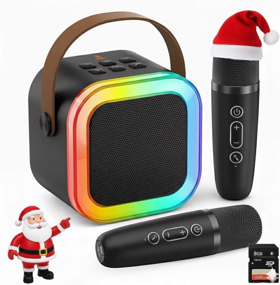 New 2026 KimLamPro Kids Karaoke Machine – Mini Portable Karaoke Speaker with 1500mAh Battery, 2 Microphones, 5 Voice Effects, LED Lights & 8GB TF Card for Kids Ages 3–12 (Black)