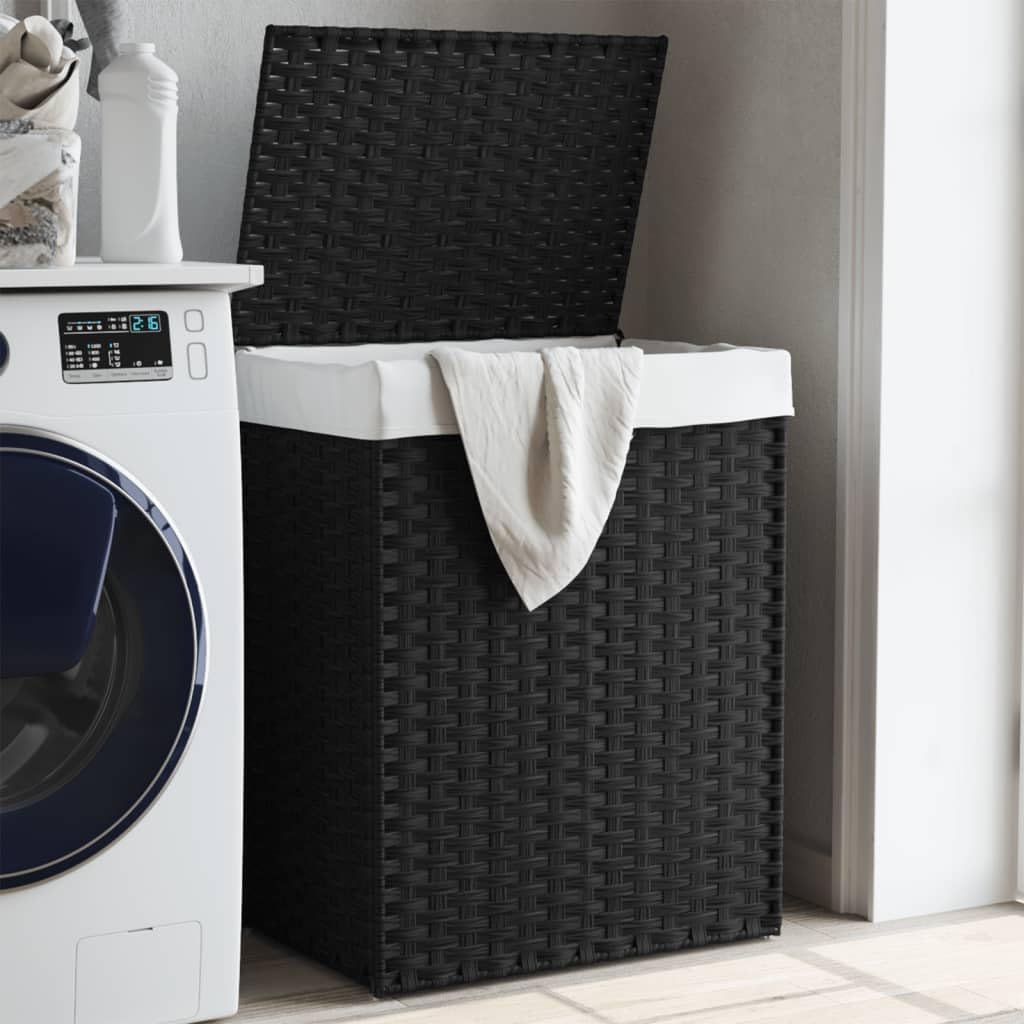 Mangloder - Cesto portabiancheria con coperchio, in polyrattan, nero, 46 x 33 x 60 cm, pieghevole con manico, per la biancheria sporca, per bagno, lavanderia