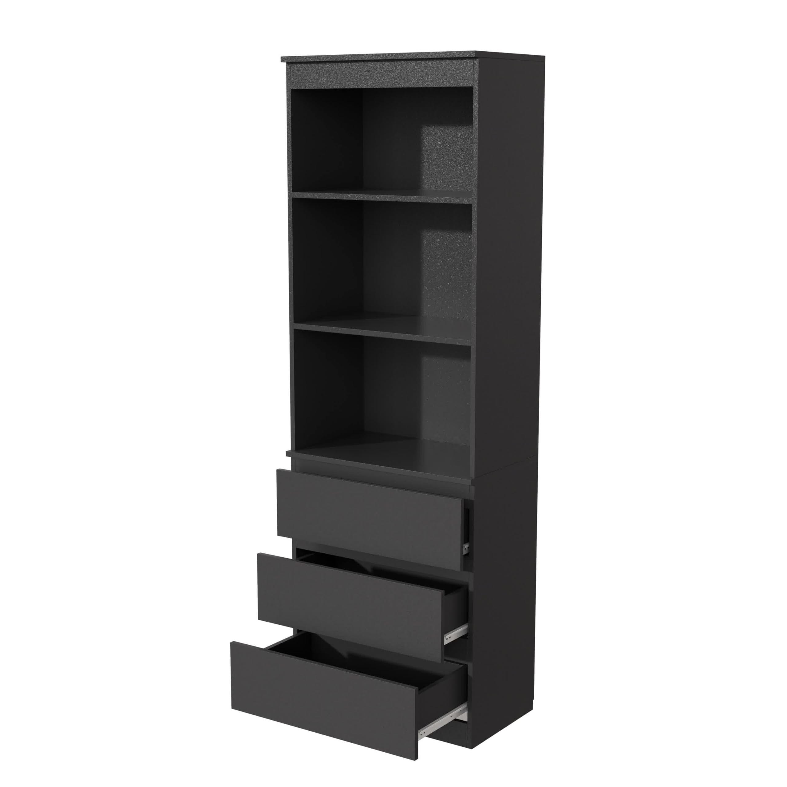 Garvis Bücherregal Hochschrank, 3 Schubladen & 3 Regale – MDF Hochregal mit Kippsicherung, 180 cm Hoch, Platzsparend für Wohnzimmer Schlafzimmer Studierzimmer (Schwarz Matt)