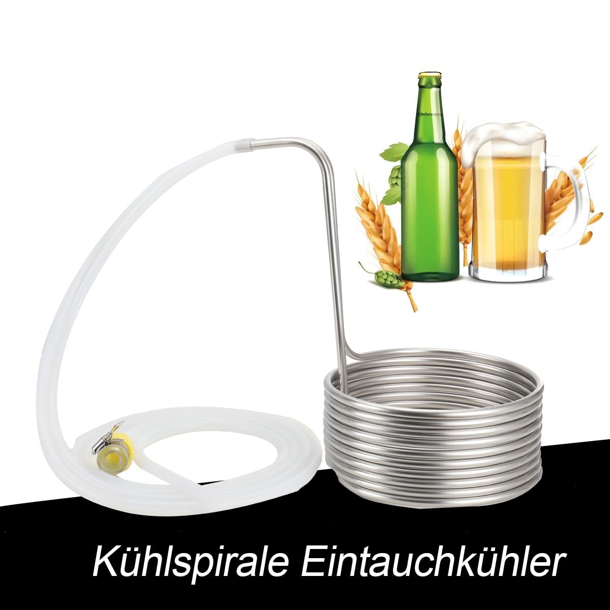 Kühlspirale Eintauchkühler Kühlschlange Maischekühler Kühlspirale Ø 23cm Bier Kühler Kühlrohr Brauerei Bier Kühlschlange Würzekühler Rohr mit 2 * 2m Silikonschläuche, Verbindungsstücke
