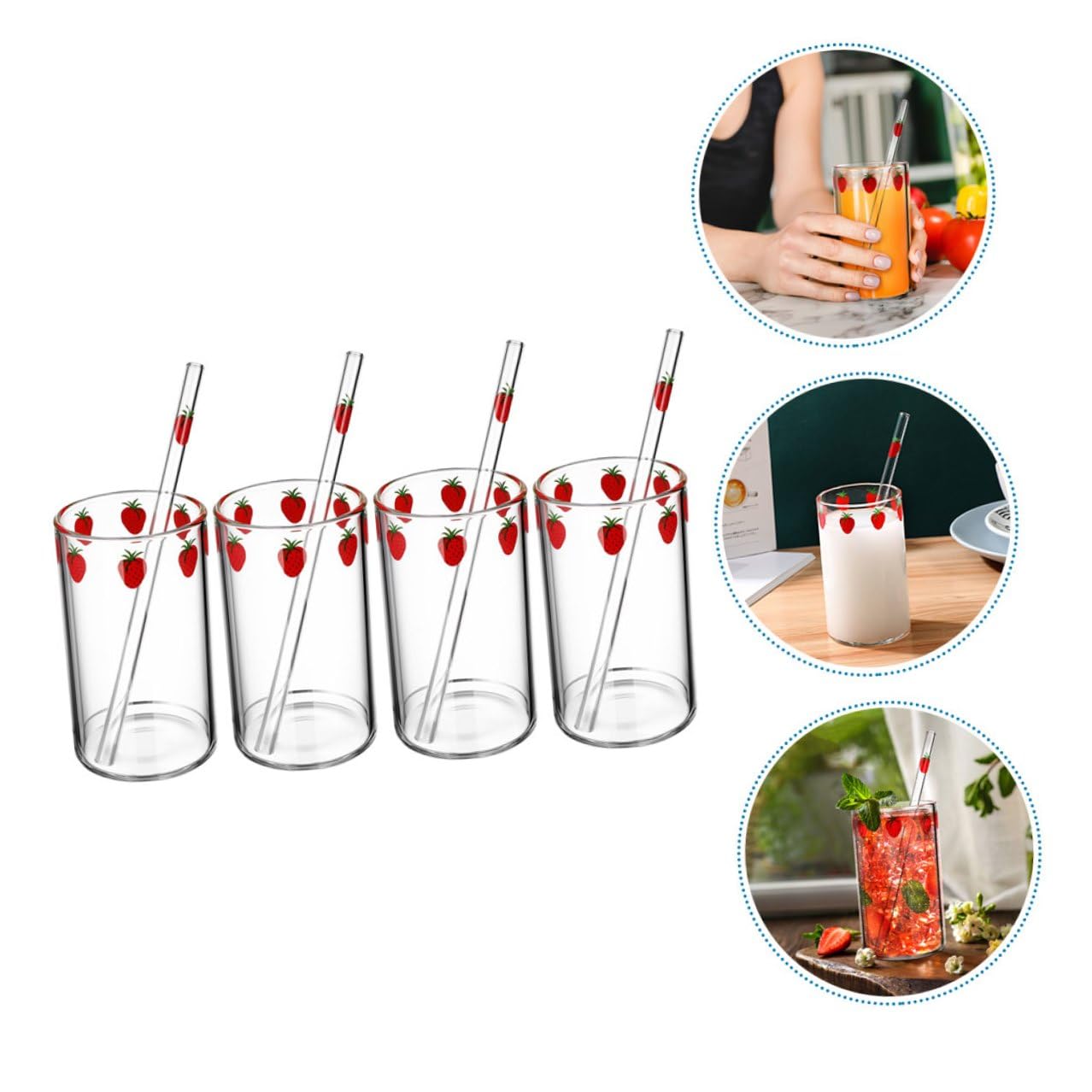 Bicchiere in Vetro Stampa Fragola, Set da 4, Fondo Piatto | Tè e Latte, per Casa e Regalo Inaugurale, Formato Compatto, Uso Quotidiano