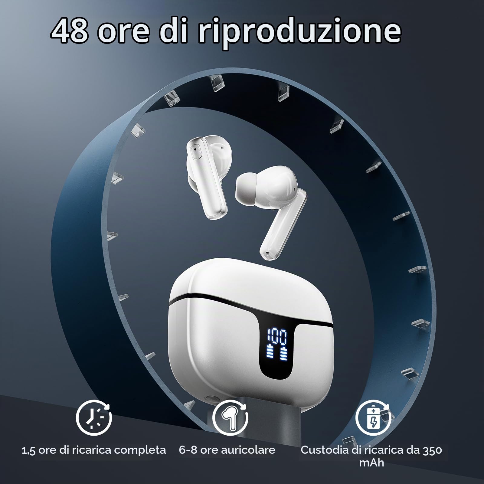 Cuffie Bluetooth, Auricolari Bluetooth Stereo HiFi, 2026 Cuffie Wireless In Ear con 4 ENC HD, Cuffiette Sport Touch Control, Cuffie Senza Fili con 40H Display LED, Earbuds per Android/iOS Bianco