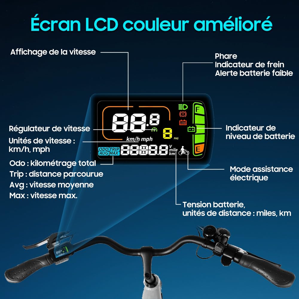 Vélo électrique 26T1 - 26 pouces - Batterie amovible 36 V 18,2 Ah - Moteur 250 W - Écran LCD - 7 vitesses - Autonomie 90-130 km - 25 km/h - Étanchéité IPX5 - Pour adultes
