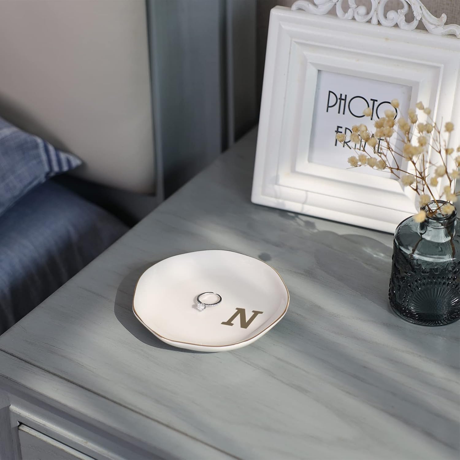 Initials Ring Dish Jewery Tray with personalized N-Monogrammed Gifts Wedding Engagement for Women Friends sister,Ceramic White image 3
